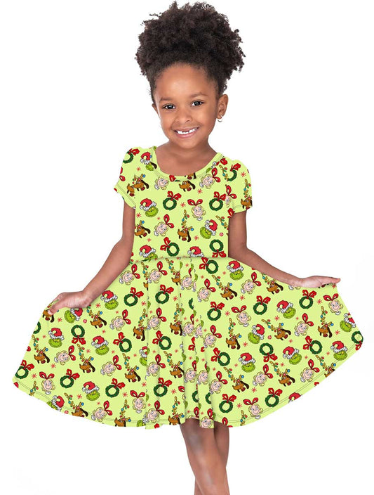 Cindy Lou Who - Girl's Short Sleeve Bamboo Twirl Dress