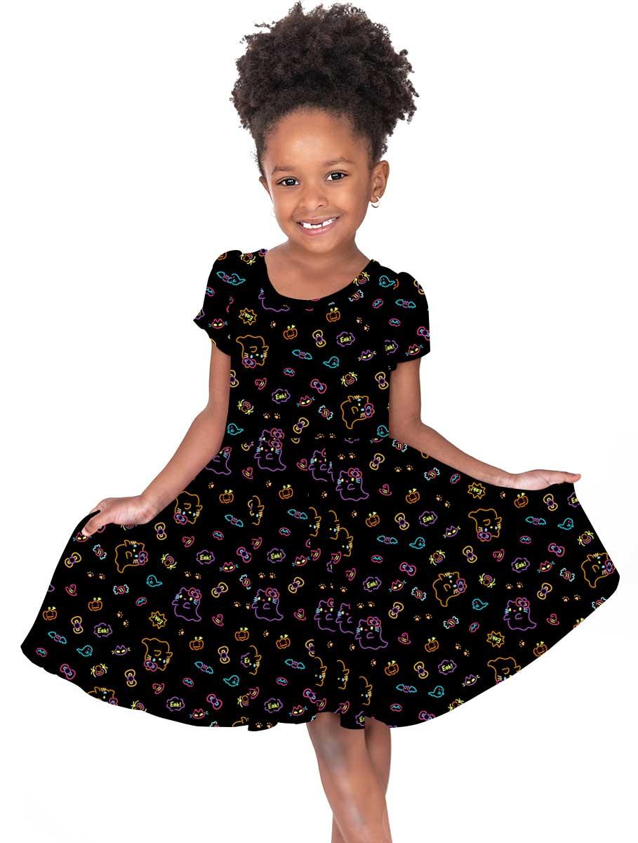 Neon Kitty - Girl's Short Sleeve Bamboo Twirl Dress