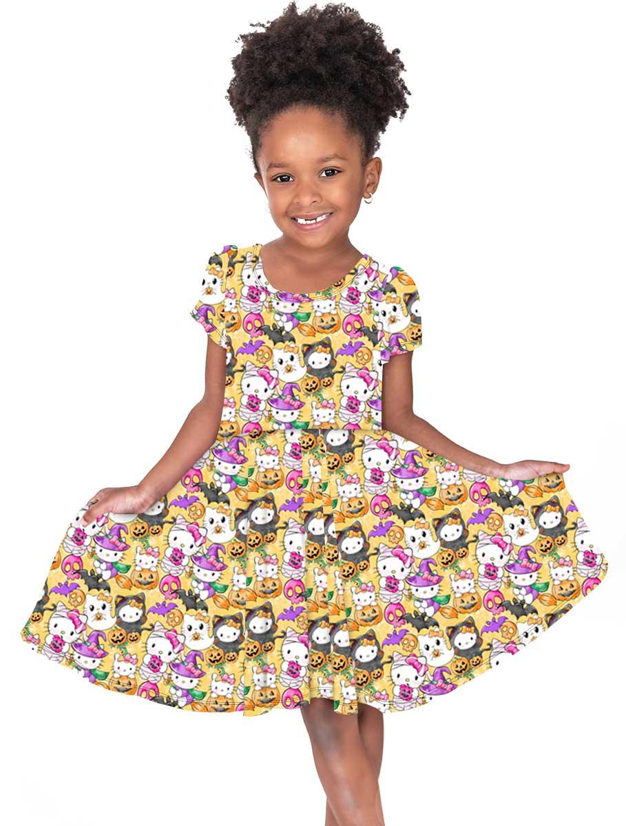 Boo Kitty - Girl's Short Sleeve Bamboo Twirl Dress