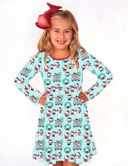 Hello Holidays - Girls Long Sleeve Bamboo Twirl Dress