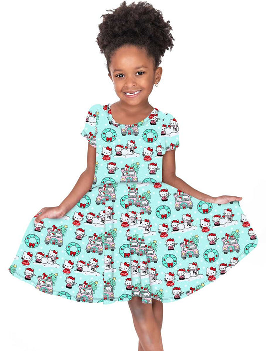 Hello Holidays - Girl's Short Sleeve Bamboo Twirl Dress