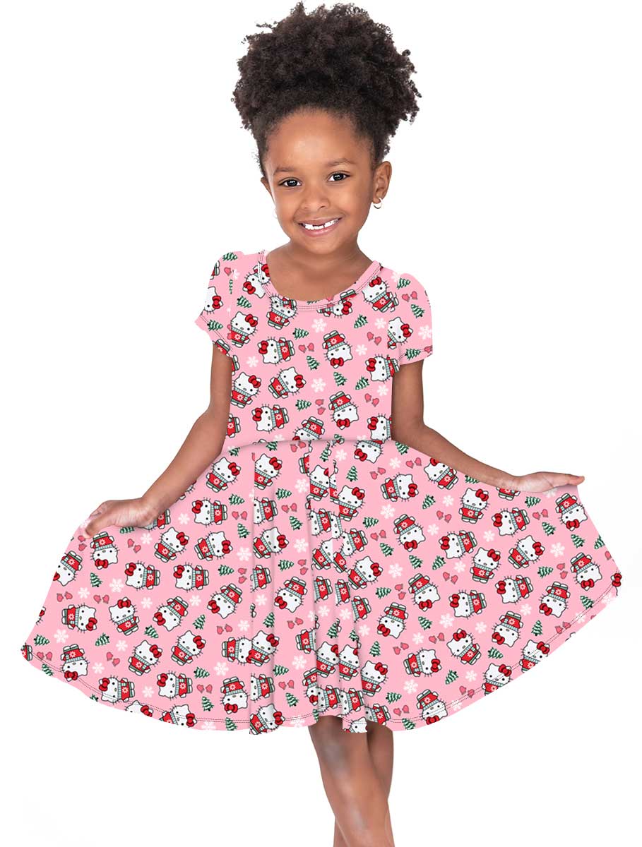 Kitty Mittens - Girl's Short Sleeve Bamboo Twirl Dress