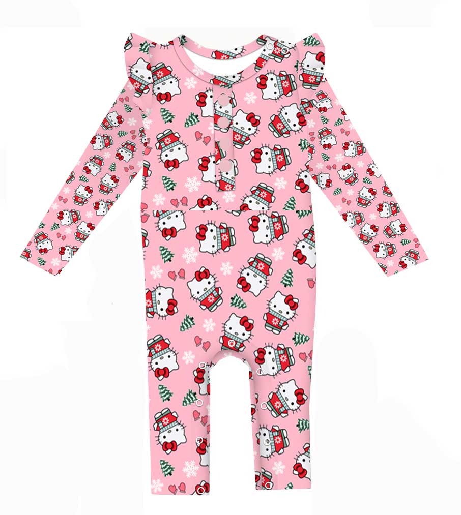 Kitty MIttens - Girls Bamboo Long Sleeve Ruffled Romper