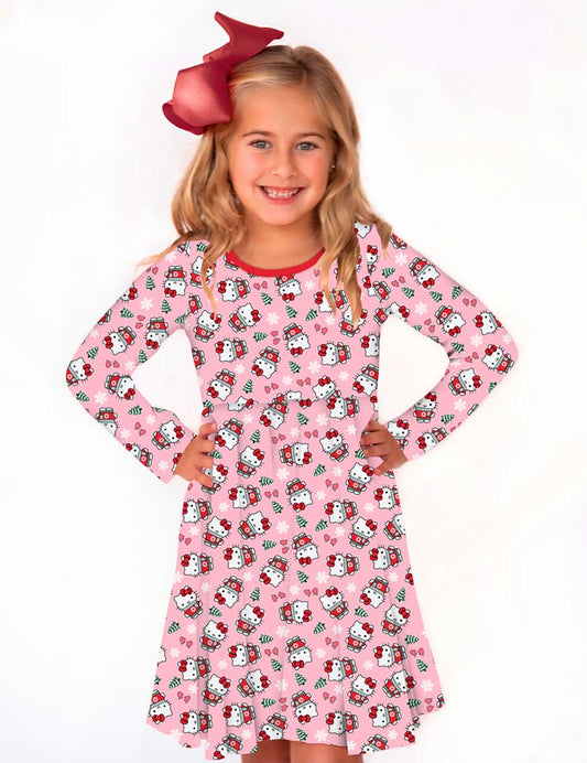 Kitty MIttens - Girls Long Sleeve Bamboo Twirl Dress