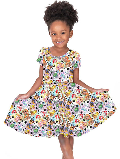 Pups on Patrol - Girl's Short Sleeve Bamboo Twirl Dress