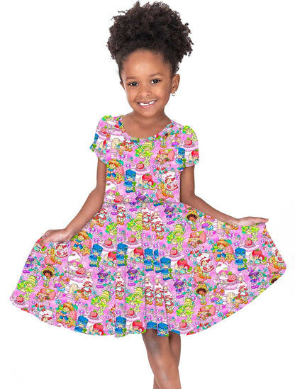 Strawberry Friends - Girl's Short Sleeve Bamboo Twirl Dress