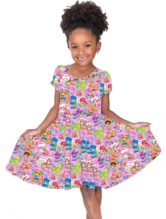 Strawberry Friends - Girl's Short Sleeve Bamboo Twirl Dress